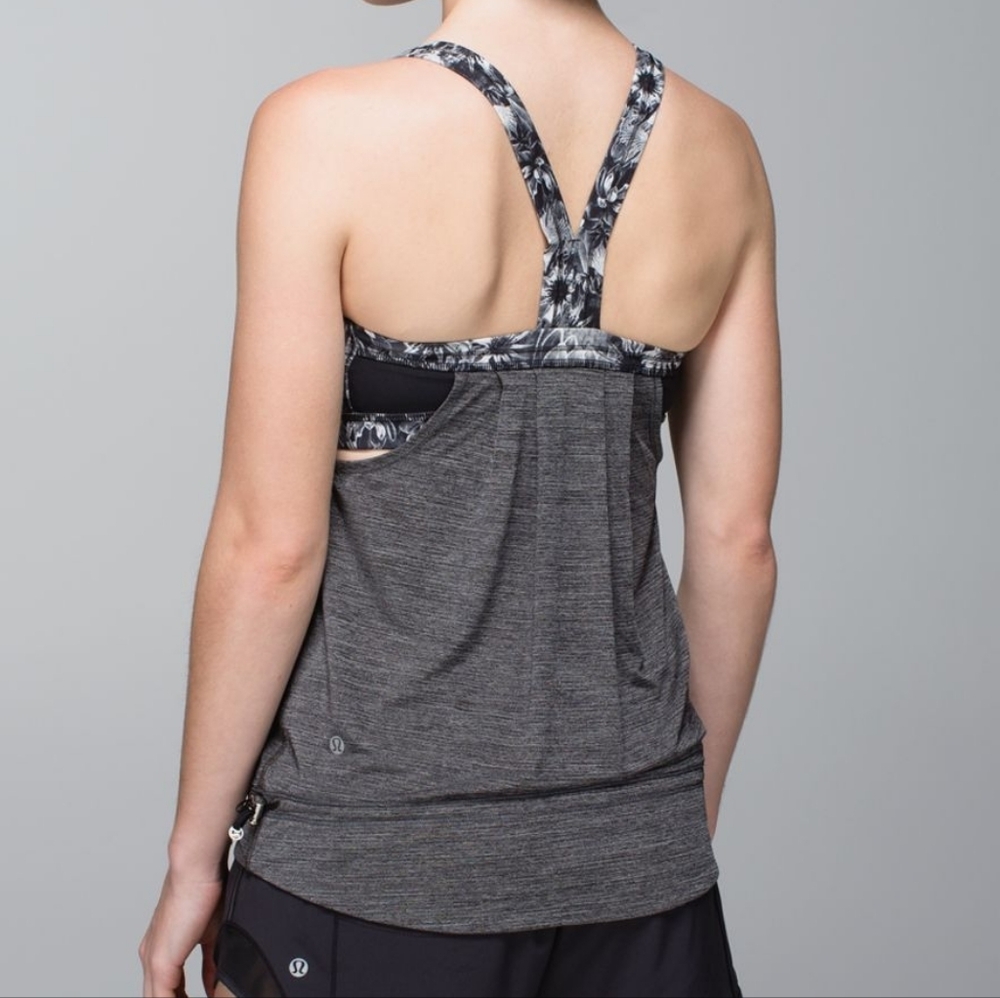 Lululemon Rest Less Tank in Heathered Black / Flowabunga Black Angel Wing